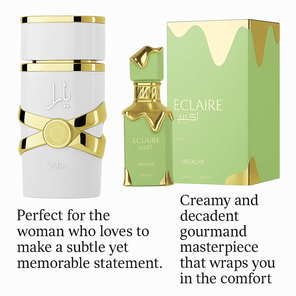 Lattafa Yara Moi + Eclaire Pistache EDP 100 ml Combo – Vanilla Floral & Creamy Pistachio Perfume Duo for Women | Long-Lasting Dubai Luxury Fragrance