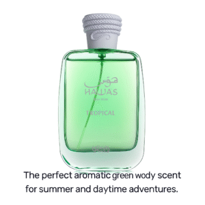 Rasasi Hawas Tropical Eau de Parfum 100ml bottle with green liquid and silver snake-themed cap
