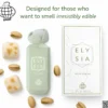 A light green perfume bottle labeled 'Elysia Pista Sundae' next to its box, surrounded by pistachio nuts and white candies.