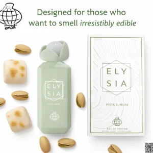 A light green perfume bottle labeled 'Elysia Pista Sundae' next to its box, surrounded by pistachio nuts and white candies.