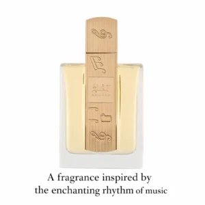 A rectangular clear glass bottle of Lattafa Angham Eau De Parfum featuring a gold-toned cap and central label with intricate Arabic calligraphy and musical note motifs.
